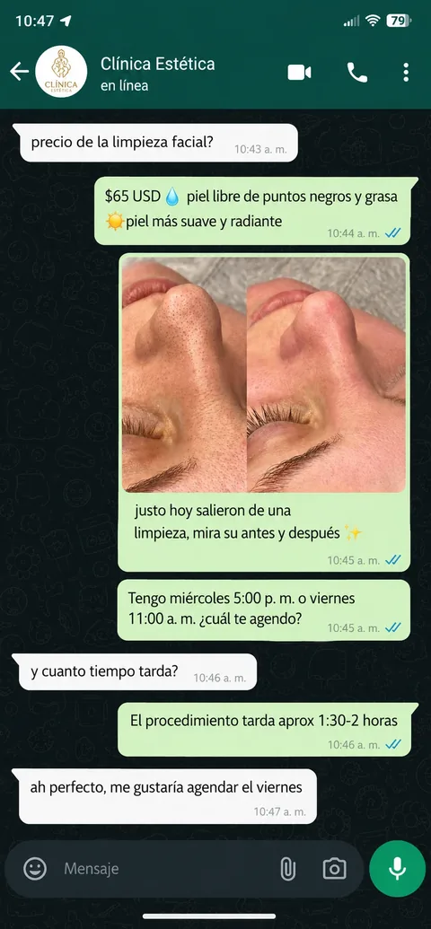 Conversación de WhatsApp donde la clínica responde el precio de una limpieza facial y agenda la cita